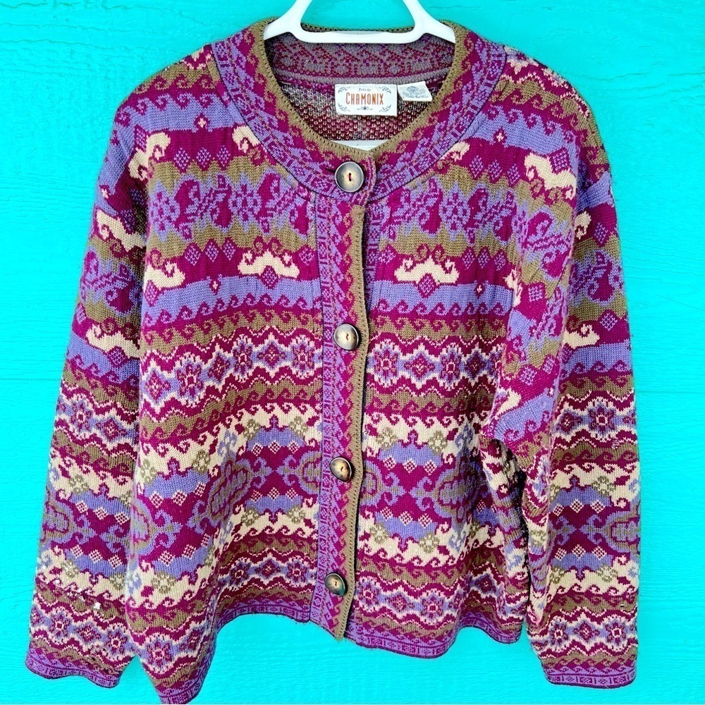 100% MERINO WOOL VINTAGE BUTTON FRONT CARDIGAN PURPLE GREEN SIZE LARGE